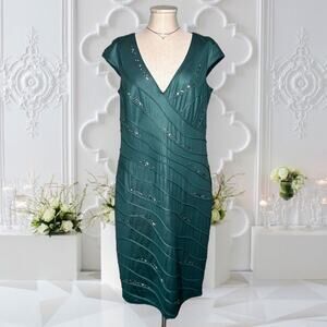 TADASHI SHOJI Emerald Green Beaded Embellished Dress KneeLength Cocktail Evening